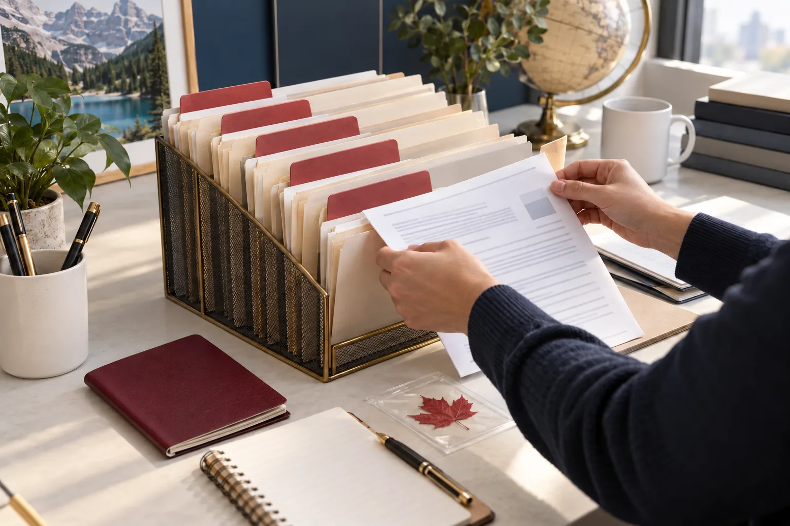 Imagen ilustrativa de documentos organizados para una consulta sobre visa de Canadá.