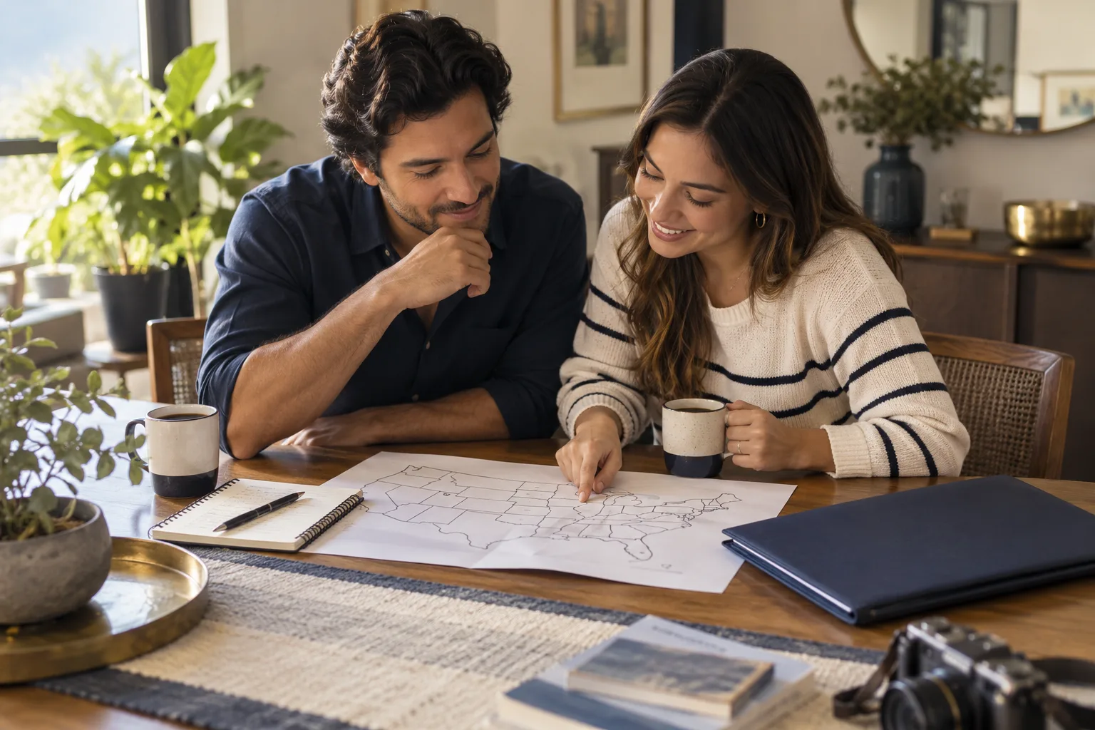 Imagen ilustrativa de una pareja organizando su plan de viaje a Estados Unidos.